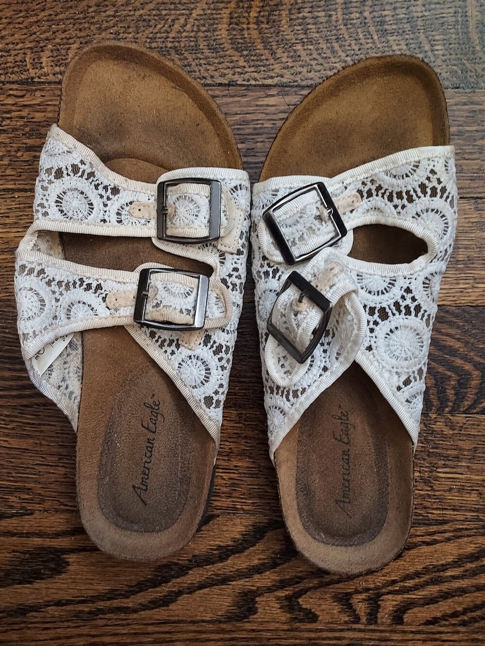 American Eagle Outfitters White Crochet Double-Buckle Slide Sandals